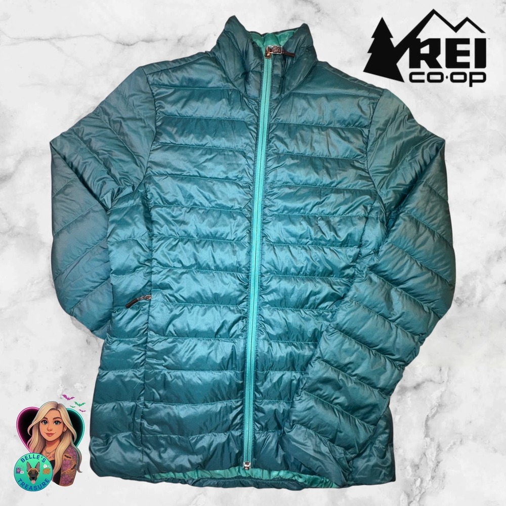 REI Co-op 650 Down Jacket 2.0 Womens Small Teal Blue Puffer Full Zip Lightweight